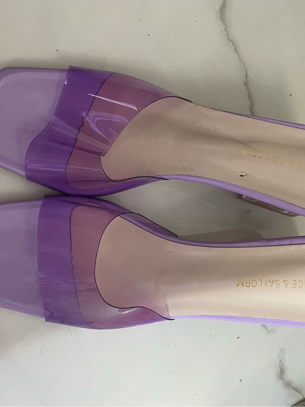 Lavender lucite heeled mules